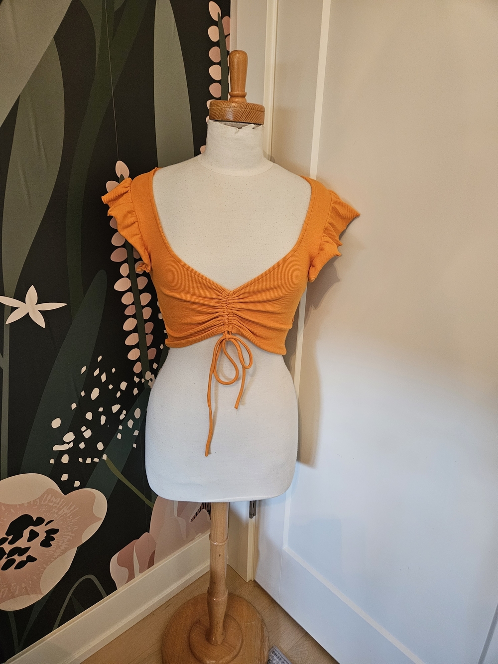 Zara Orange Ruched Tie-Front Ruffle Crop Top